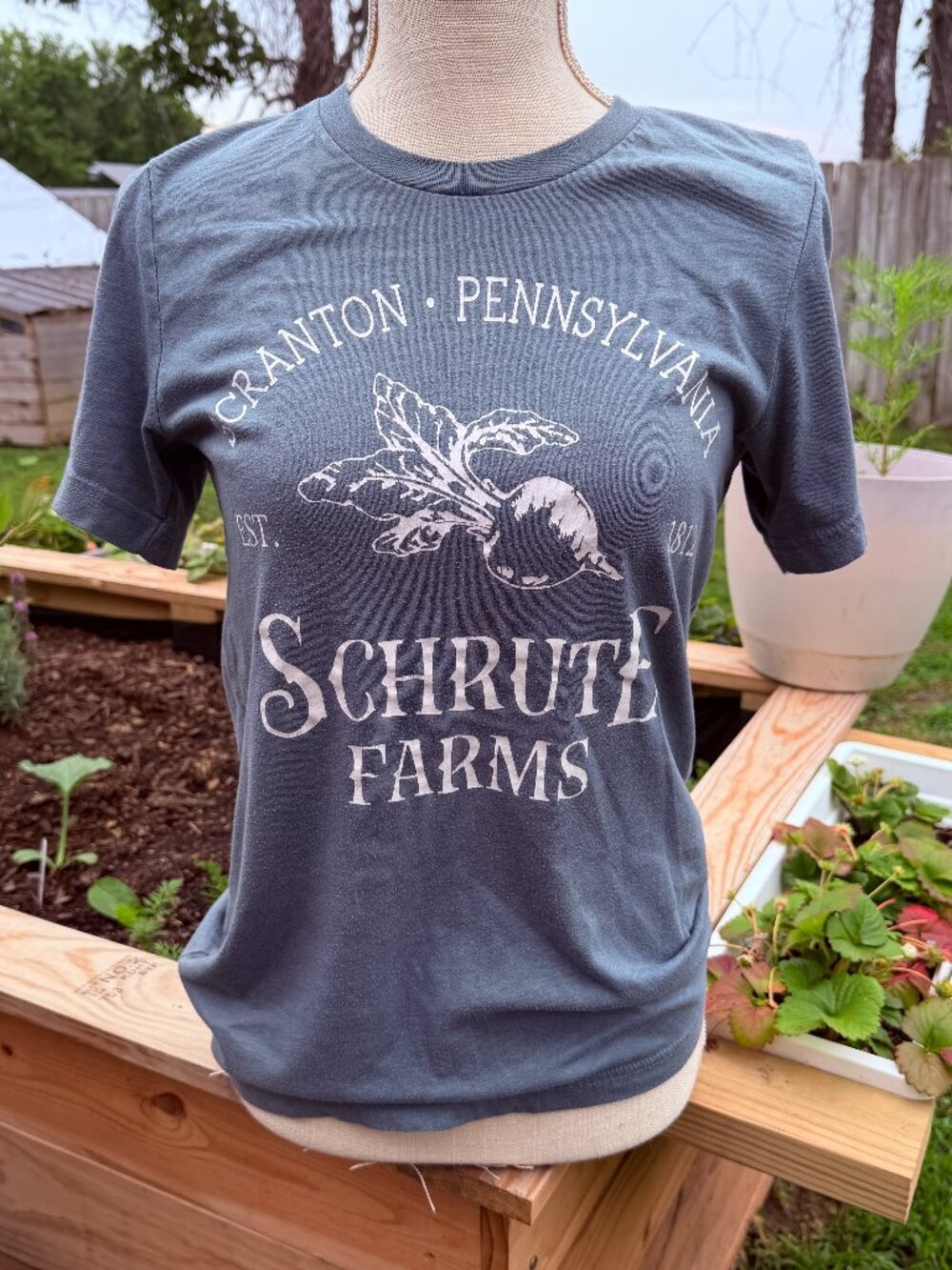 Schrute Farms Tee — Bella + Canvas (Dusty Blue)